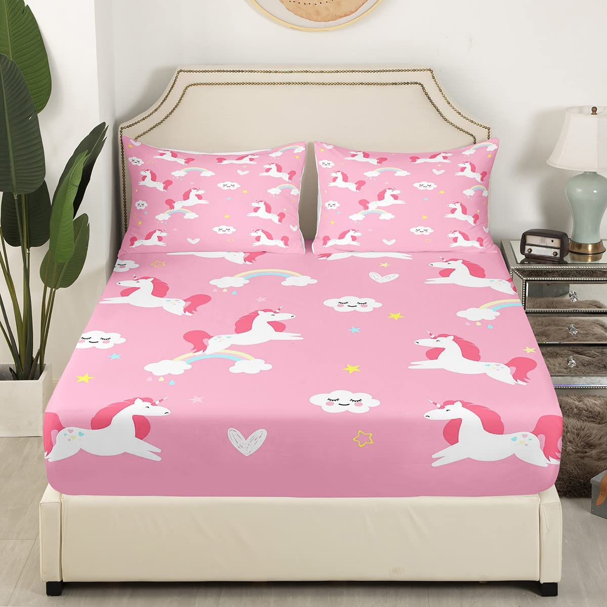 Set di biancheria da letto in cotone con unicorno, per letto singolo, set di biancheria da letto in cotone colorato per bambine e ragazze