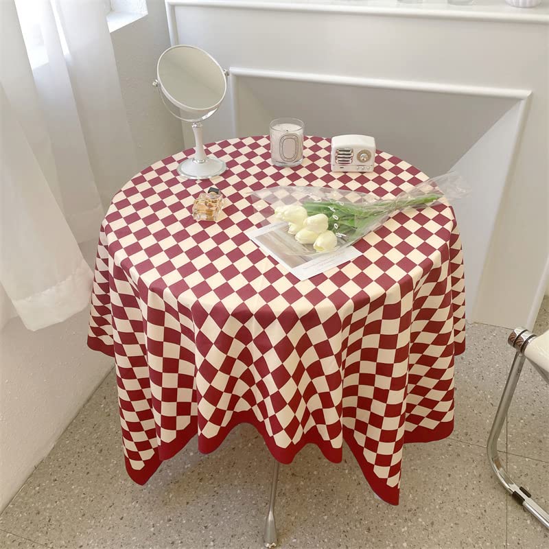 Nappe en Damier, Nappe à Pompons à Carreaux Coton Grille Vintage Couverture de Table Pratique Simple pour Table Basse Rectangulaire Table Ronde(75 * 75cm-Rouge)