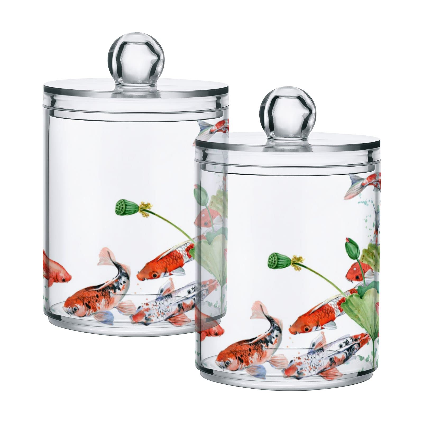 MNSRUU 2 Pack Qtip Holder Organizer Dispenser Watercolor Koi and Lotus Bathroom Storage Canister Cotton Ball Holder Bathroom Containers for Cotton Swabs/Pads/Floss