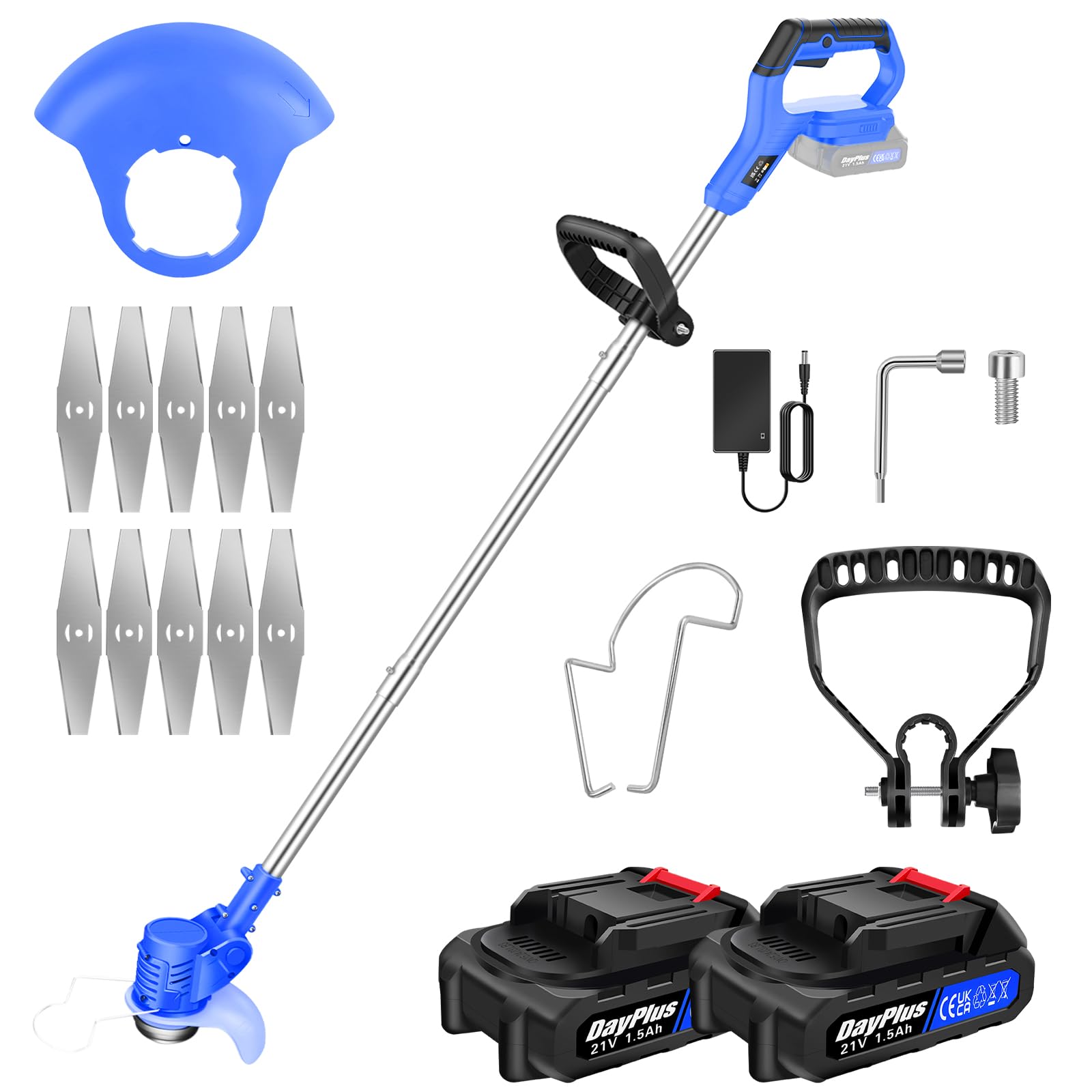 Cordless Strimmer Lightweight 3-Section Grass Trimmers With 10 Metal Blades, 2Pcs Batteries, 125cm Cutting Diameter, Adjustable Cutting Head, For Lawn Garden (Blue)