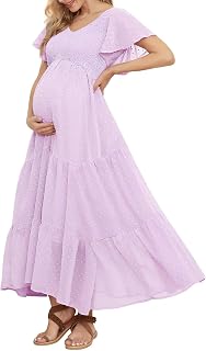 Swiss Dot Smocked Maternity Dress for Baby Shower Photoshoot Casual V Neck Ruffle Sleeve Empire Waist Tiered Boho Dress Price In India