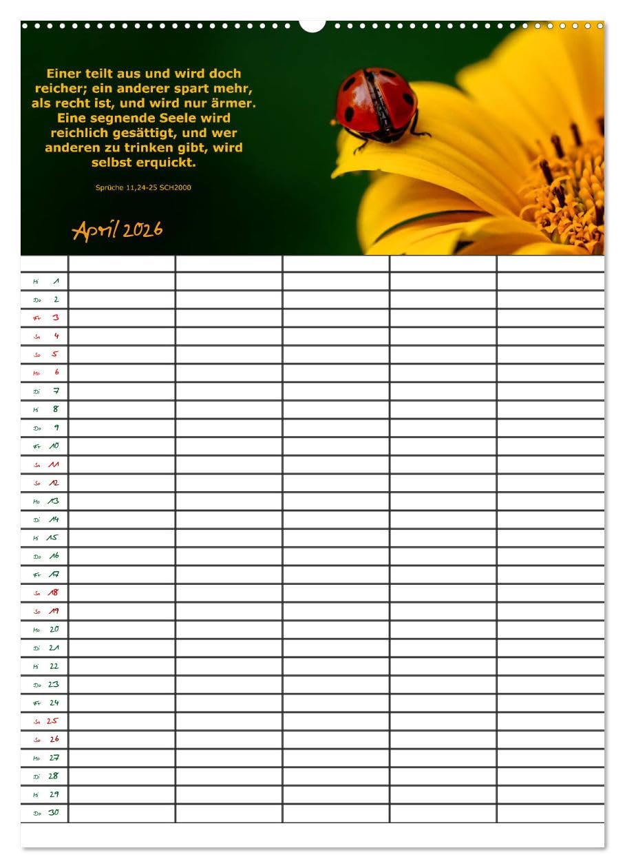 ein Planer mit biblischer Weisheit aus den Sprüchen Salomos (Wandkalender 2026 DIN A2 hoch), CALVENDO Monatskalender: Planer für Kirche, Familie und Firma mit Bibelsprüchen (CALVENDO Glaube)