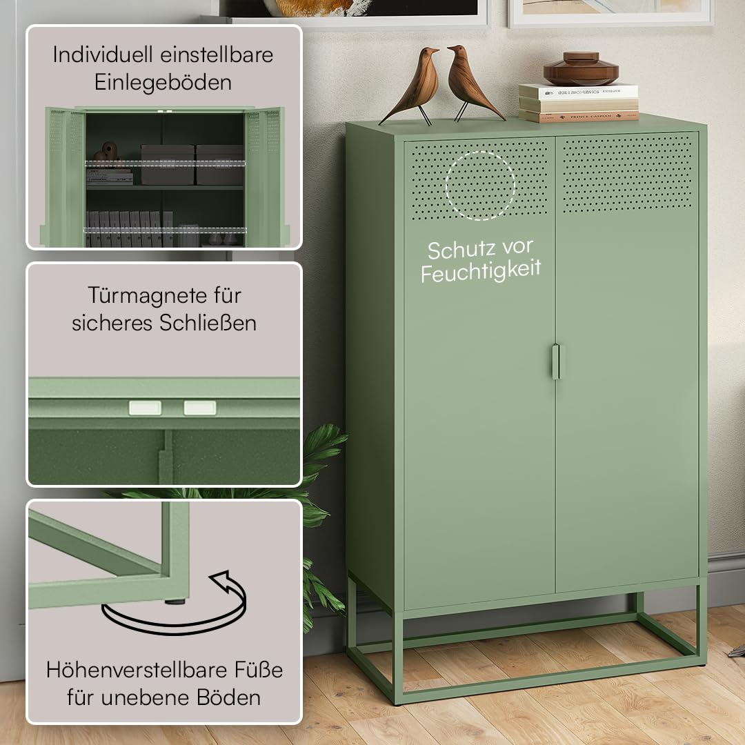 skølm Izar Metall Kommode – Wohnzimmerschrank in Mintgrün – Metallschrank mit 3 Fächern & Doppeltüren – Sideboard für Wohnzimmer – Mehrzweckschrank 80 cm breit – Highboard Industrial Style