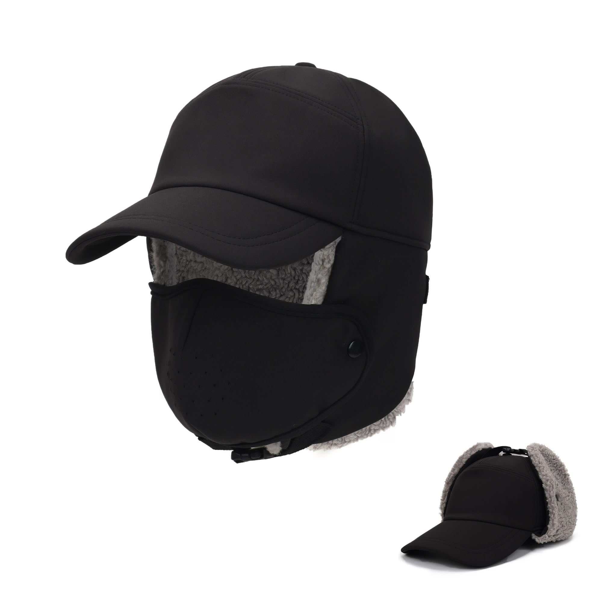 Trapper Hat for Men Women Waterproof Winter Warm Baseball Cap with Ear Flaps and Mask