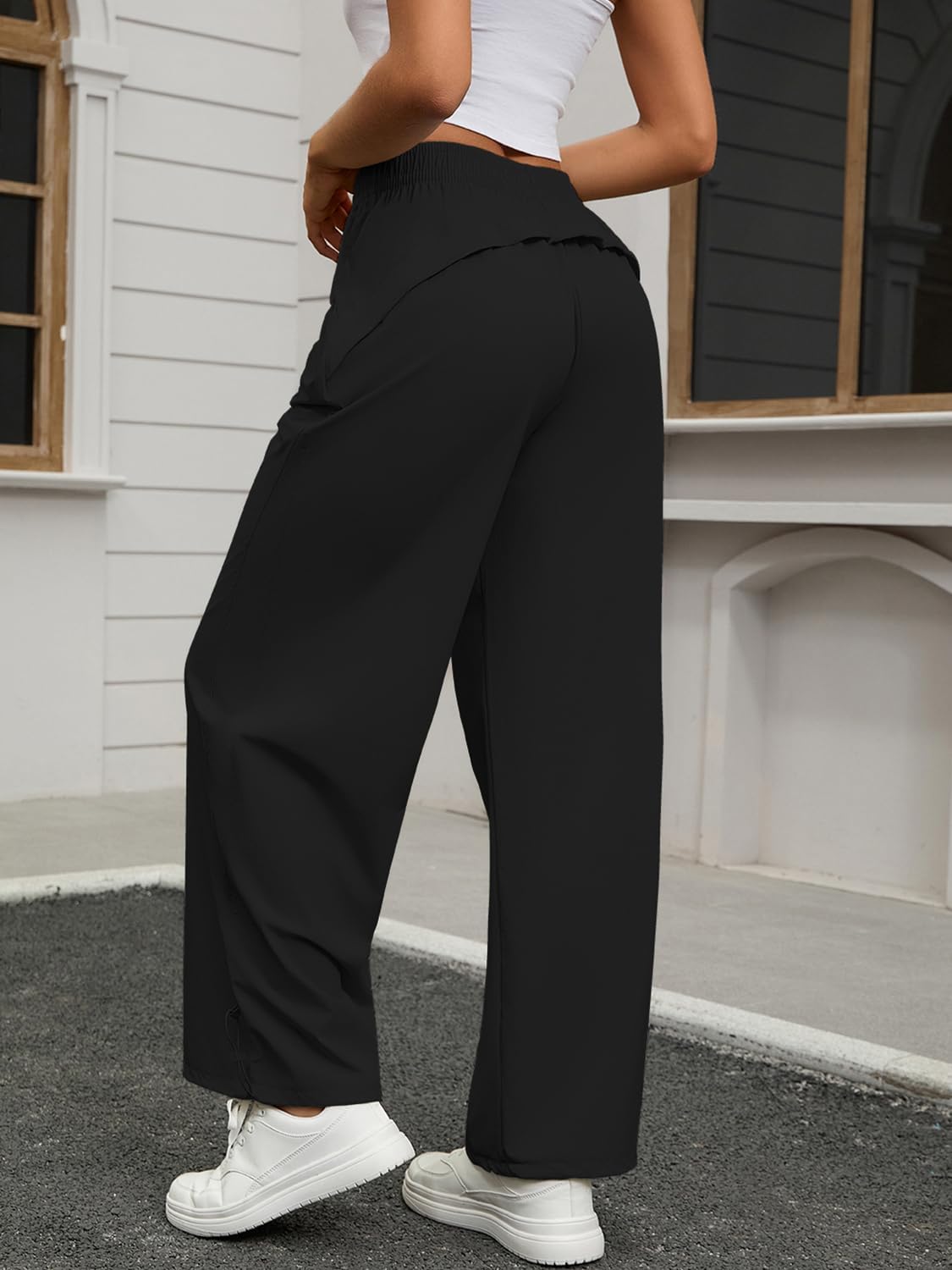 ZFLM Women's Elastic Waist Sports Pants Loose Casual Travel Pants Wide Legs High Waist Fitness Pants with Pocket - Image 3
