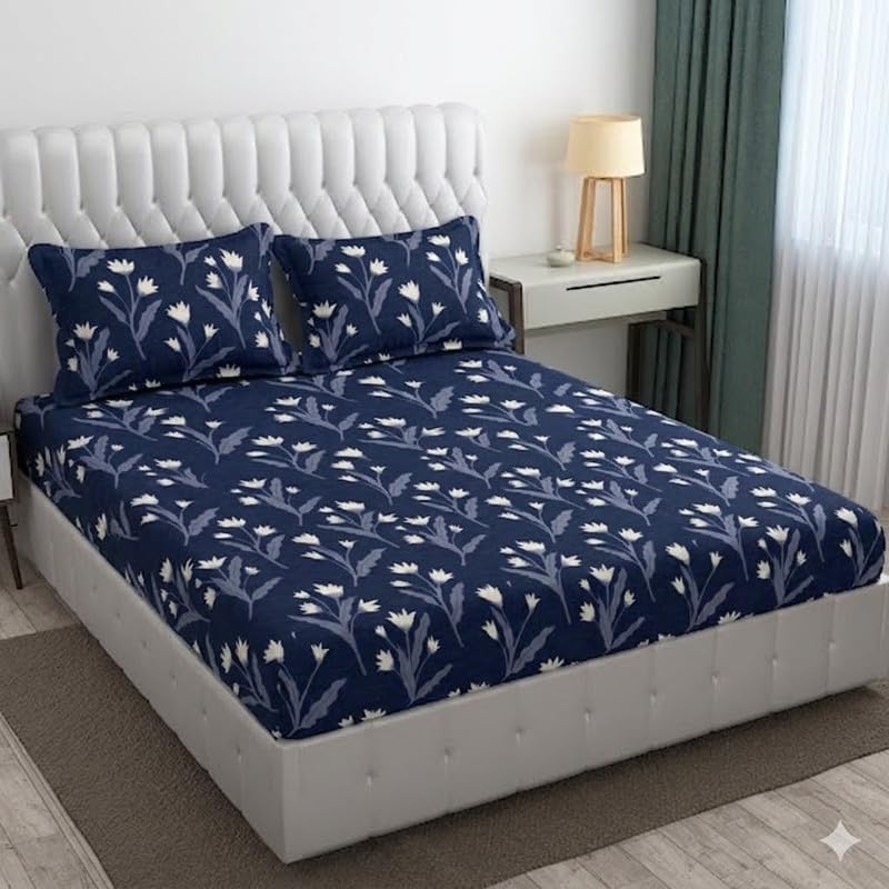 Image of Cotton Bolls Textiles Glace Cotton Fitted Bedsheet 72x72x6 Inch with 2 Pillow Covers - Soft Breathable Fabric, Elastic All Around, Printed Bedding for Double Bed