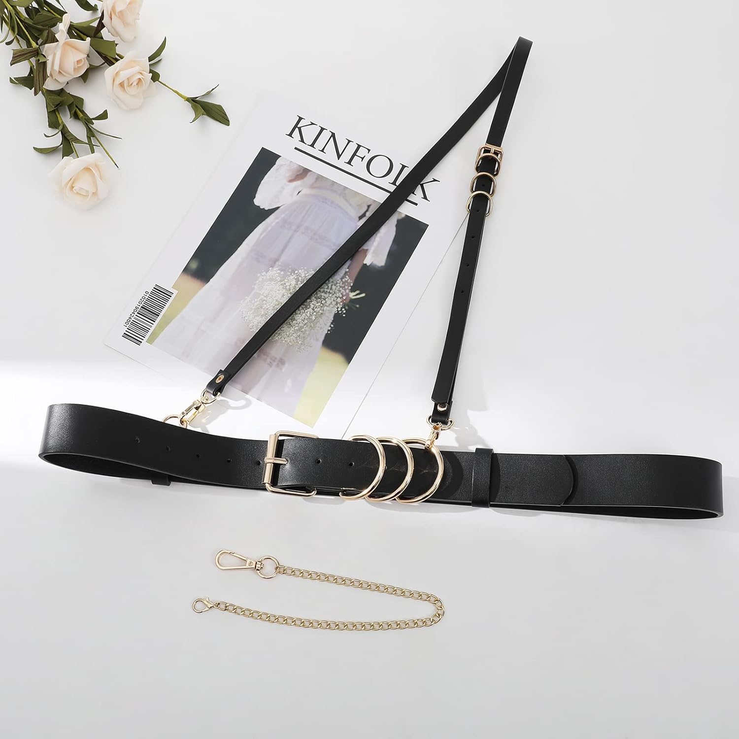 AWAYTR Women Leather Punk Waist Belt - Black PU Leather Adjustable Ladies Belts with Gold and Silver Buckle - Image 5