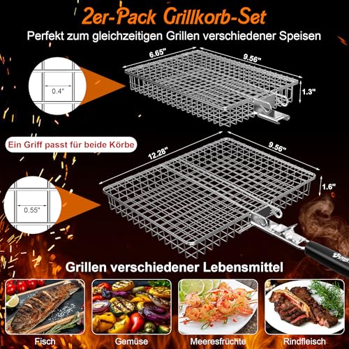 Grillkorb Edelstahl, 2 Stück in Groß und Klein, Fisch Grillhalter mit 1 Abnehmbarem Holzgriff, Camping, Kochen, Grillzubehör für Fleisch, Fisch, Gemüse, Geschenke für Männer, Vater, Ehemann