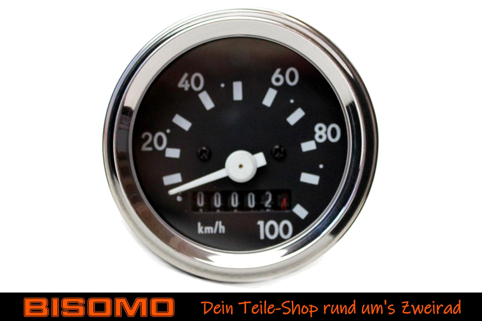 Tachometer 100km/h mit Blinkerkontrolle + Beleuchtung, Ø 60mm Tacho für 6V + 12V Anlage Simson S50, S51, S70, S53, S83, Chromring, Schwarzes Zifferblatt