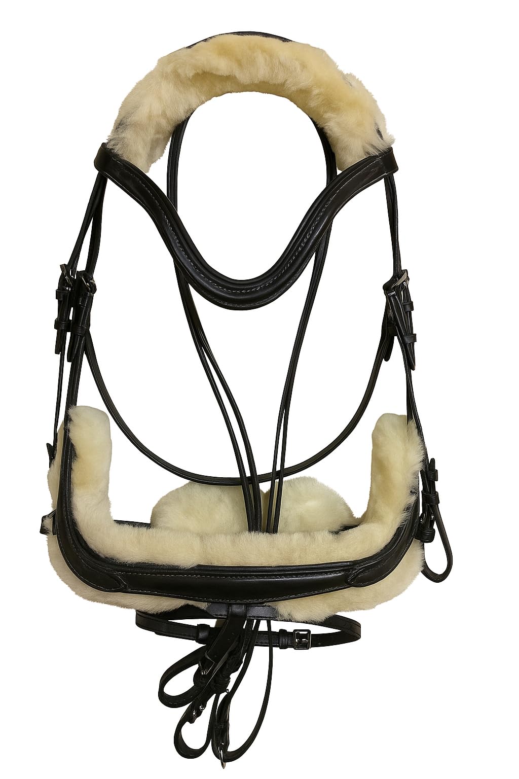 Benz Equestrian Anatomical Sheepskin Padded Bridle with Comfort Headpiece, Noseband, and Leather Reins (Black , Extra-Full)