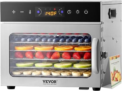 VEVOR Deshidratador de Alimentos 6 Bandejas de Acero Inoxidable Secador de Alimentos Eléctrico 400 W con Temperatura Ajustable y Temporizador de 24 Horas para Cecina, Frutas, Verduras, Hierbas