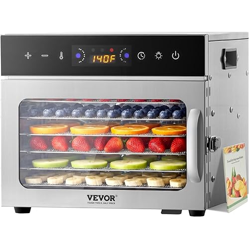 VEVOR Food Dehydrator Machine, 6 Stainless Steel Trays, 400W Electric Food Dryer with Adjustable Temperature & 24-Hour Timer, Food Dryer for Jerky, Meat, Fruit, Vegetables, Herbs, Dog Treats