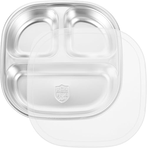 Recipientes para aperitivos Placa de control de porciones, platos divididos de acero inoxidable con tapa para adultos, bandeja dividida de 3