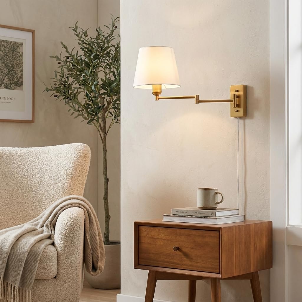B·LED BARCELONA LED BarcelonaLED Gelenkarm Wandleuchte Modern Nordic Gold mit Stecker Kabel und Schalter Stoffschirm Weiß E27 Stecker zum Lesen Schlafzimmer Nachttisch Hotel