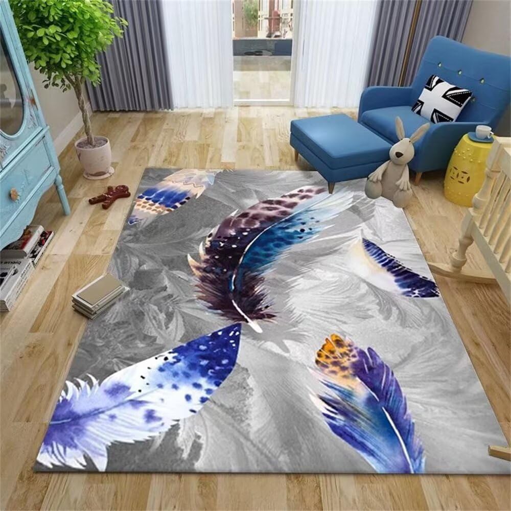 Tapis de sol décoration chambre ado 200x250cm résistant et antidérapant motif plumes bleu