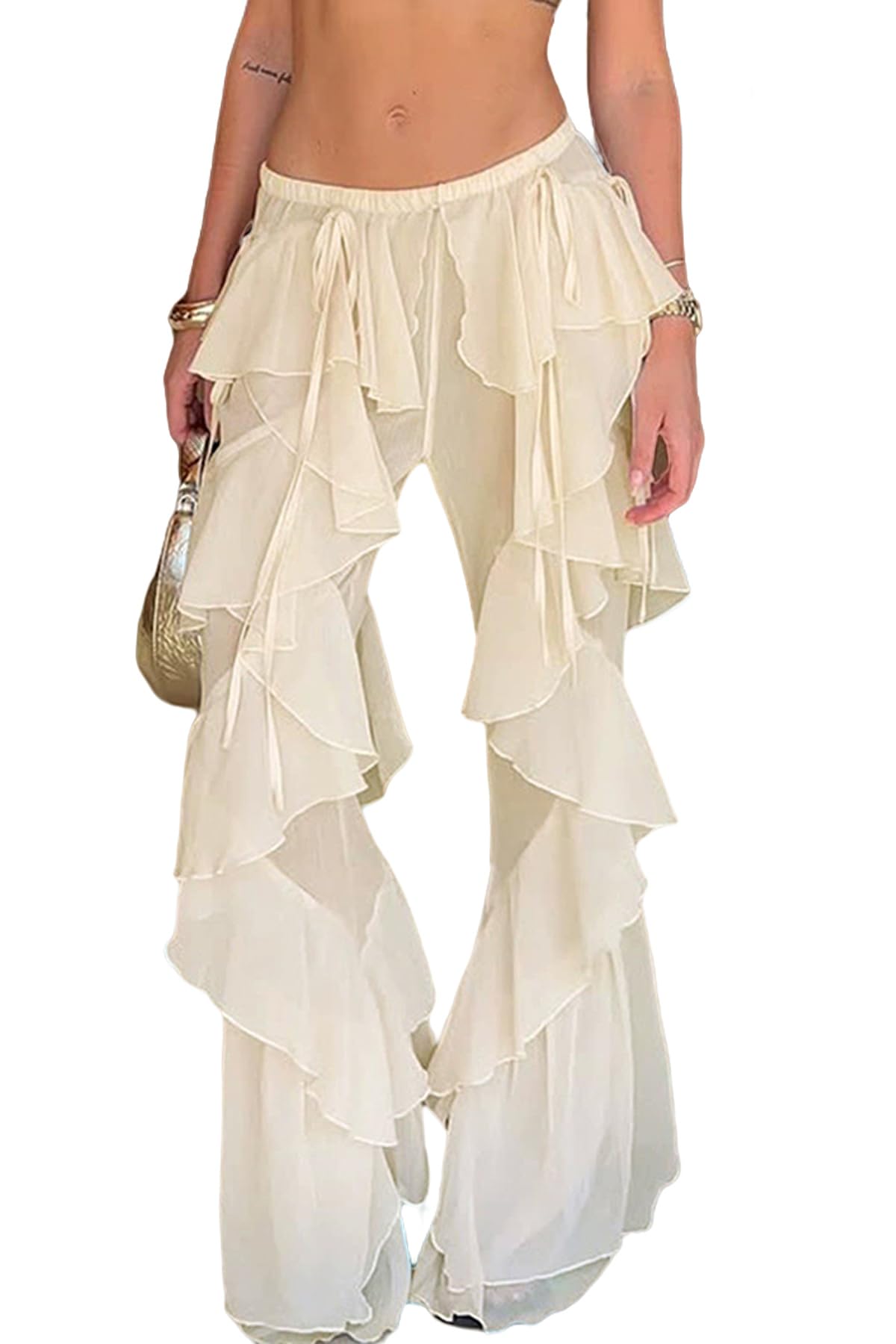 Women Ruffle Sheer Pants Tiered Layered Strappy High Waist Flared Wide Leg Long Trousers Party Rave Bell Pants