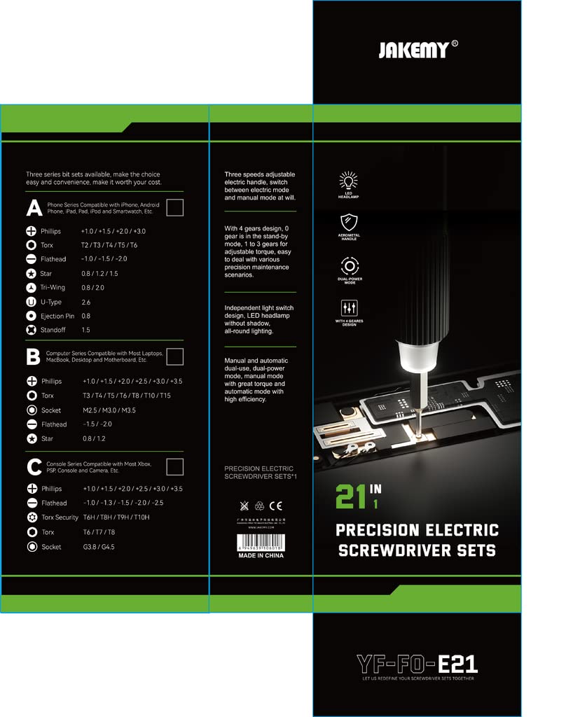 JakemySmall Electric Screwdriver, 3 Torque Adjustable Laptop Cordless Screwdiver Set, Rechargeable Mini Computer Screwdriver Kit for Electronics Repair with Shadowless LED Lamp