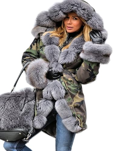 Aofur Abrigos cálidos con capucha y forro de piel sintética para mujer, parkas, anoraks, ropa exterior, chaquetas largas de invierno