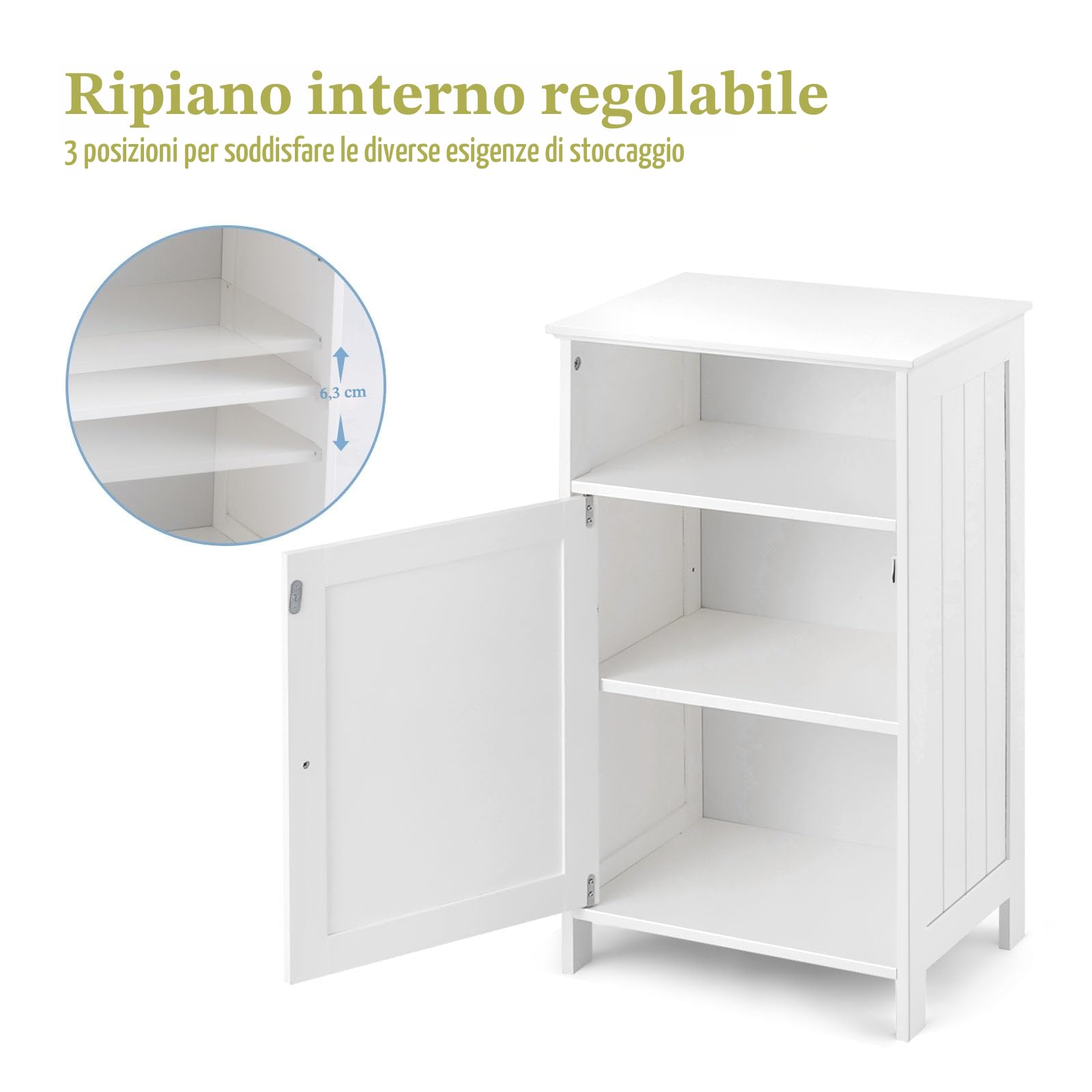 LIFEZEAL Mobiletto Bagno Salvaspazio con 1 Anta e Ripiano Interno Regolabile, Armadietto da Bagno da Terra in Legno, Mobiletto Multiuso di Gran Capacità, 40 x 30 x 70 cm (bianco)