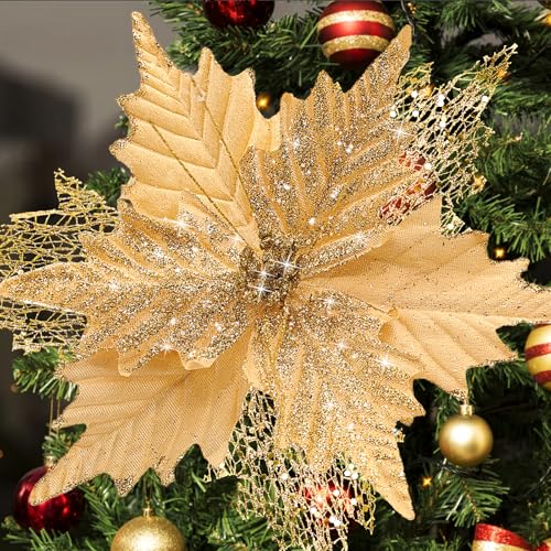 10 Large Christmas Glitter Poinsettia Flowers Decorations stadeco 10 Pcs Christmas Tree Picks Ornaments Artificial Flowers with Long Stems for Xmas Tree Wreath Garland Wedding Party DIY Decor