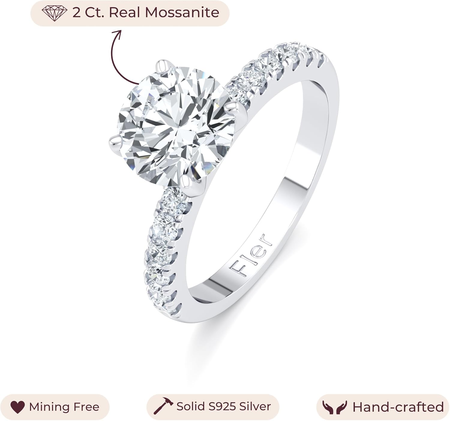 FLER 2CT Round Cut Moissanite Engagement Rings for Women, 8MM VVS1 D Color Center Stone with 16 Handmade Set Side Stones & Solid 925 Sterling Silver with 22K White Gold Filled, Wedding Ring for her