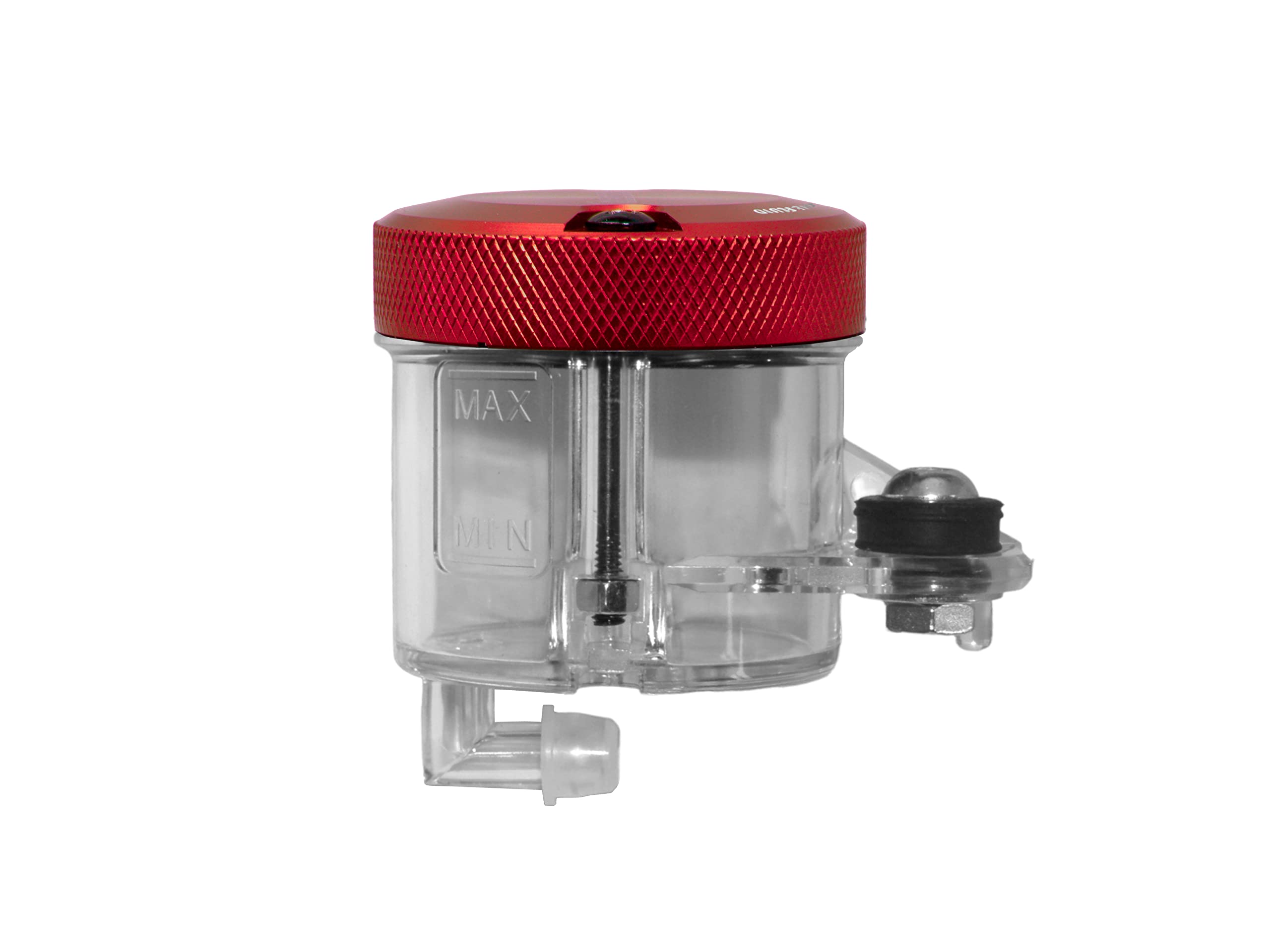 ACCOSSATO Kit di Montaggio vaschetta Olio Freni da 45 ml in plastica Trasparente con Tappo in Alluminio CNC ossidato Rosso e Staffa specifica per Pompe