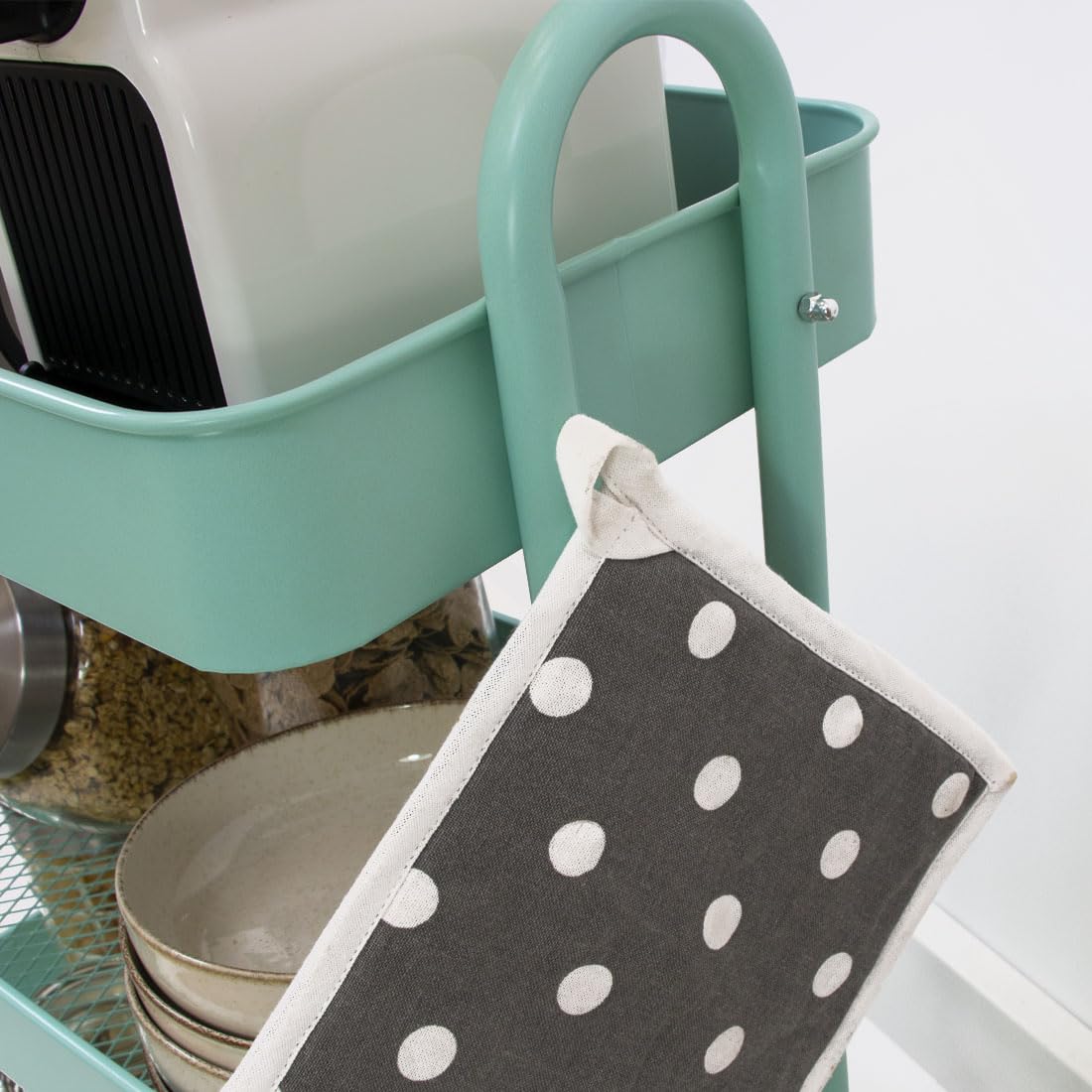 Craftelier - Duży metalowy wózek organizacyjny z 3 tacami | 4 kółka obrotowe o 360° z hamulcami | Całkowity rozmiar: 71,2 x 61 x 29 cm - Głębokość tac: 6,6 cm | kolor miętowy