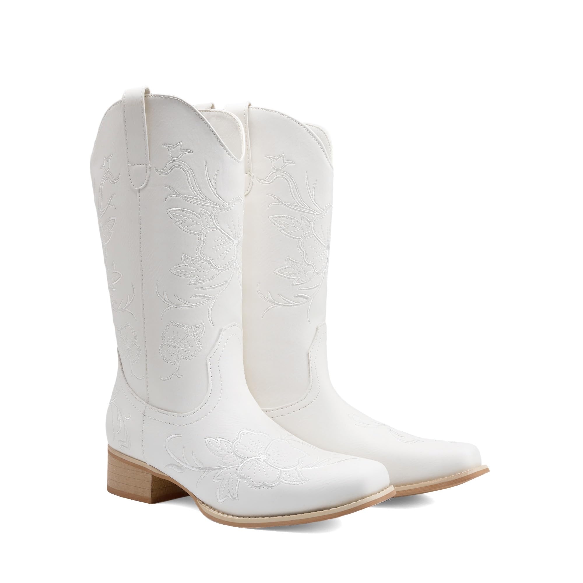 DREAM PAIRS Stivali da cowboy da donna con punta quadrata ricamata, tacco basso grosso, stile western, per festival di musica country, feste a tema e concerti, bianco, 41 EU