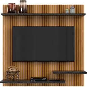 Painel Estante Para TV 32 Polegadas Sala Ripado/Quarto Prateleiras Nichos Madrid (Ripado/Preto)