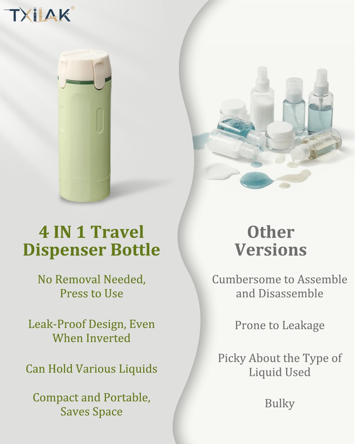 4 in 1 Travel Dispenser Bottle Refillable Cosmetic Liquid Containers, Squeeze Pump Shampoo Conditioner Bottles Essentials Toiletries Leakproof, Air Traveling Portable Set Vacation Essentials