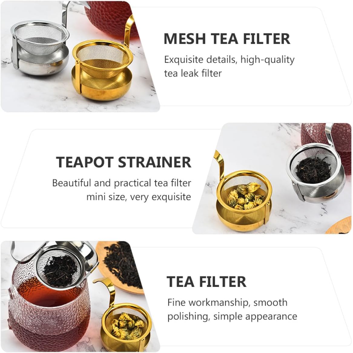 TIDTALEO Stainless Steel Tea Strainer with Fine Mesh Filter, Reusable Portable Tea Filter for Loose Leaf Brewing, Gold Rotatable Spout Design, Suitable for Home and Travel Use