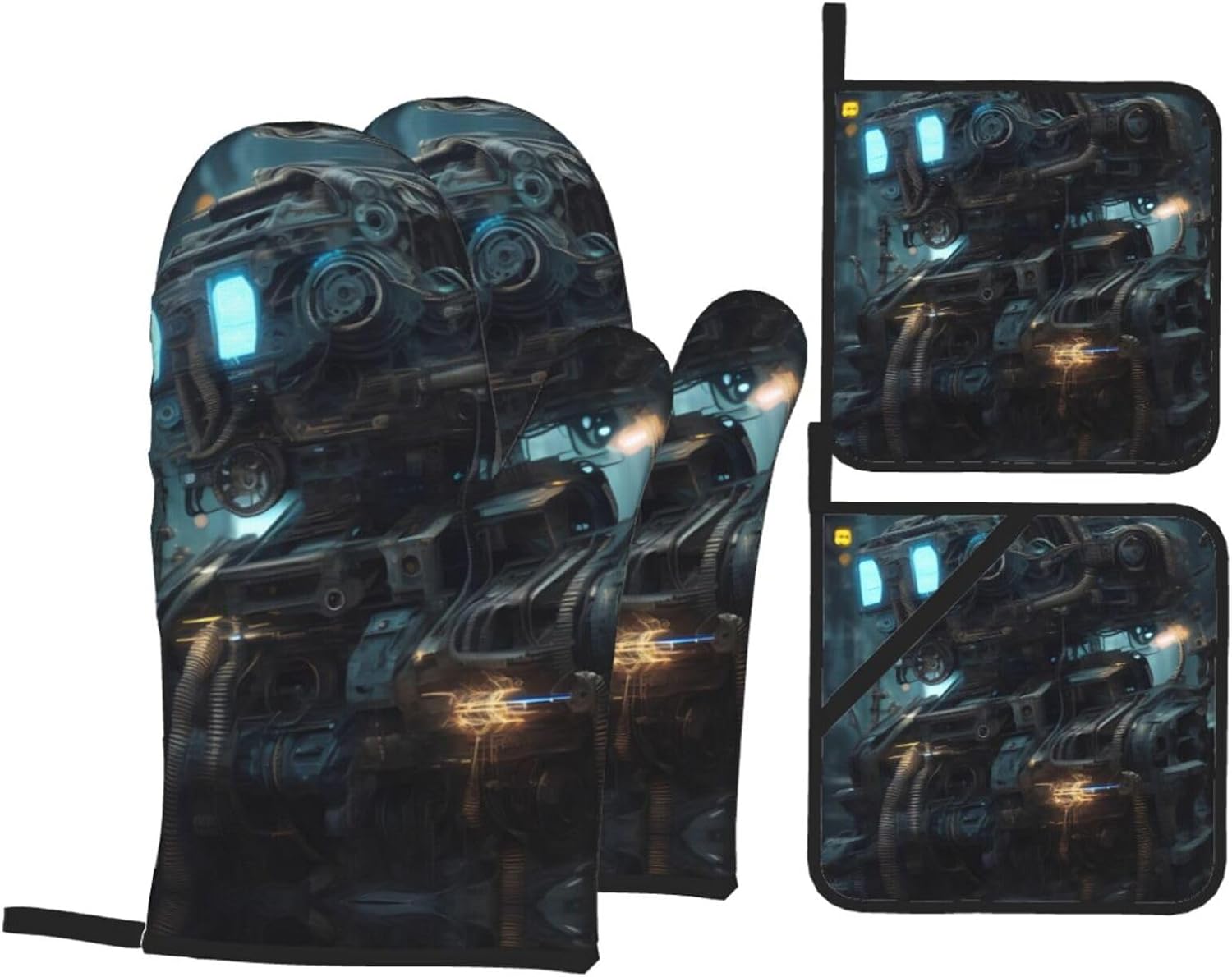 Future Robot Oven gloves and heat-resistant mat 4-piece set. Suitable for grilling, microwave oven frying, and baking