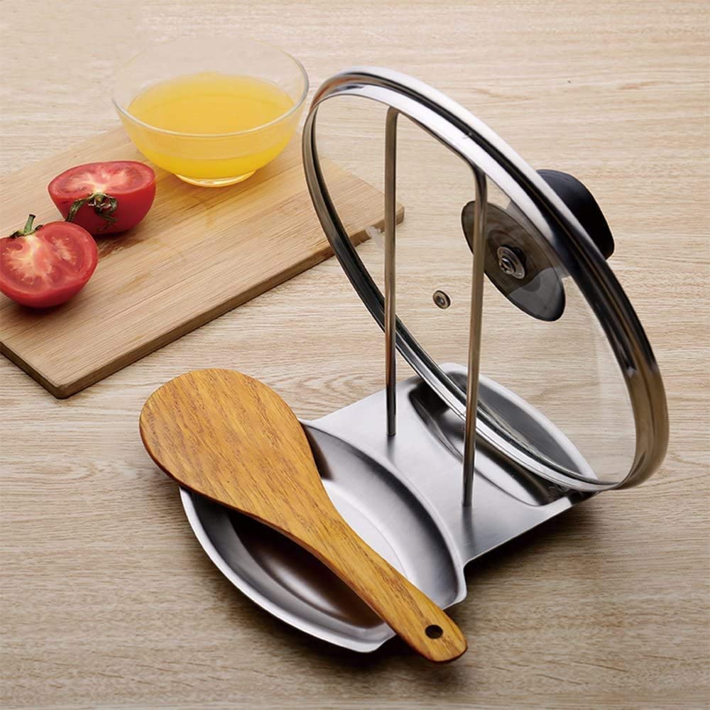 BluBasket Stainless Steel Lid and Spoon Rest - Heavy Duty Pot Cover Rack and Utensil Holder for Kitchen Countertop - Rustproof Stove Organizer for Ladles, Spatulas, and Pan Lids