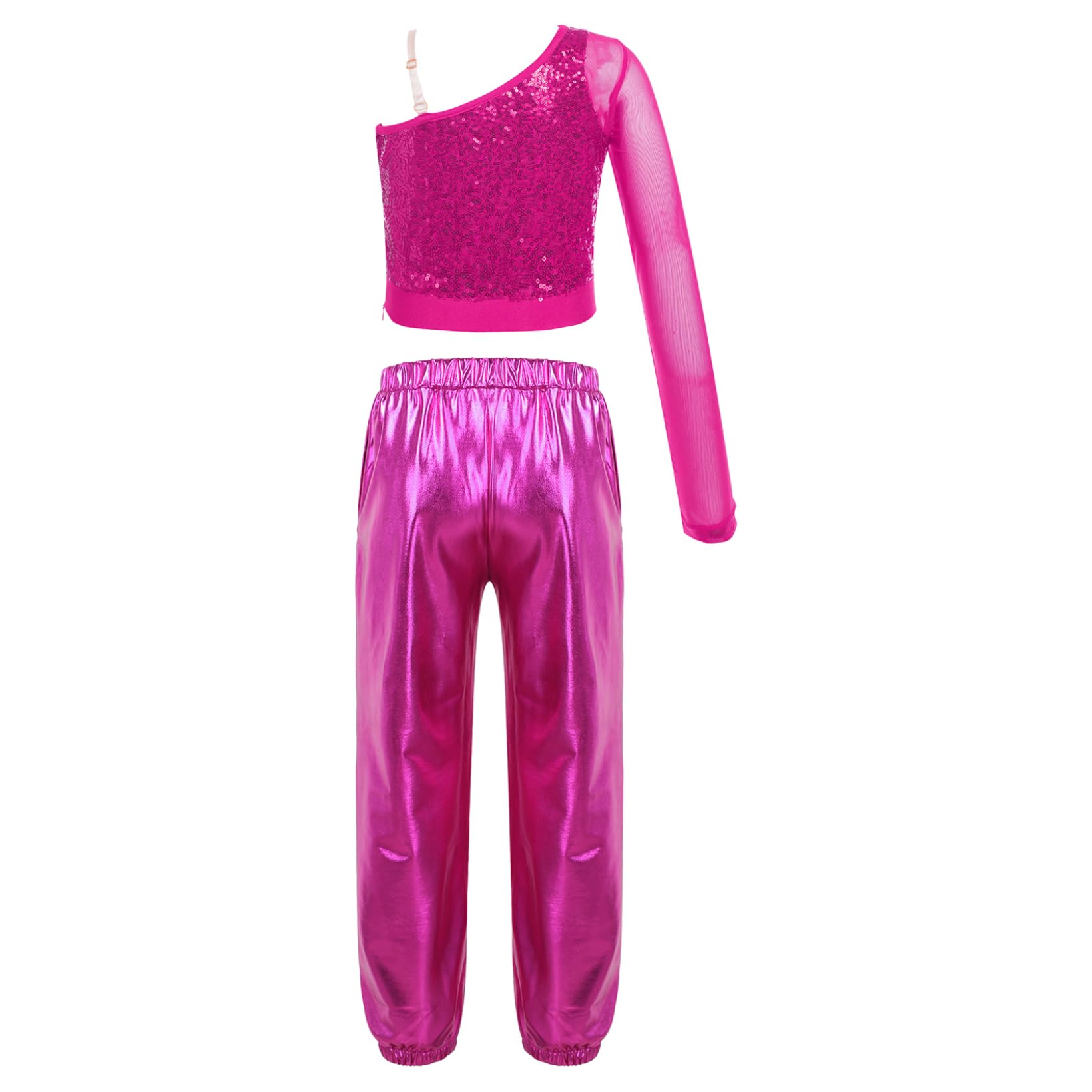 JanJean Kids Girls 2Pcs Dance Tracksuit Shiny Metallic Crop Top with Athletic Sweatpants Jazz Hip Hop Jazz Dance Costume Hot Pink B 6 Years