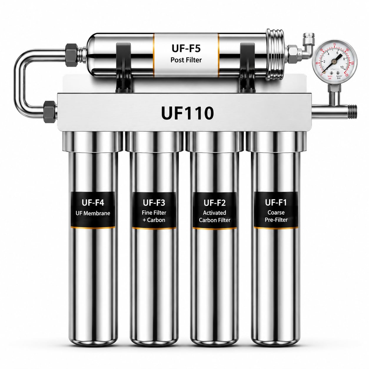 VIESTA® UF110 Filtro de Agua de Ultrafiltración, 5 Etapas 0,01 µm Membrana Fibra Hueca Acero Inox 304, Bajo Encimera sin Electricidad y Desagüe, reduce bacterias cloro cal, manómetro y grifo extra