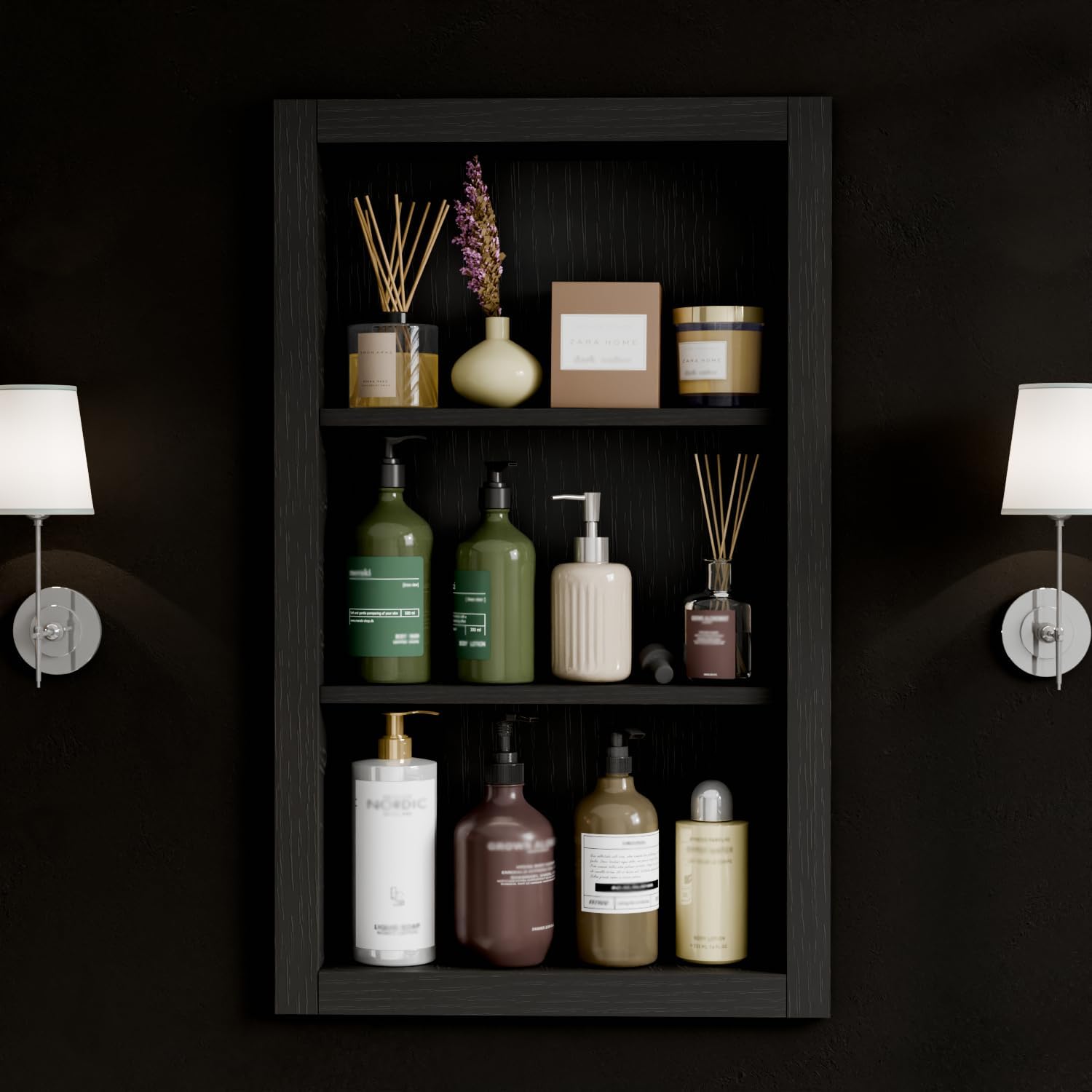 14'' * 24'' Recessed Medicine Cabinet Wall Niche Wood, 3-Tier Bathroom Niche Insert for Drywall, in Wall Shelf Medicine Cabinets Replacement, for Living Room, Bathroom Storage, Black Black 24''H * 14''W (3 Tiers)