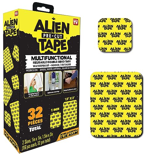 ALIEN TAPE Pre Cut 32 Piece Ser Double Sided Tape Multipurpose Removable Adhesive Transparent Grip Mounting Strips Washable Strong Sticky Heavy Duty for Carpet Photo Frame Poster Décor As Seen On TV