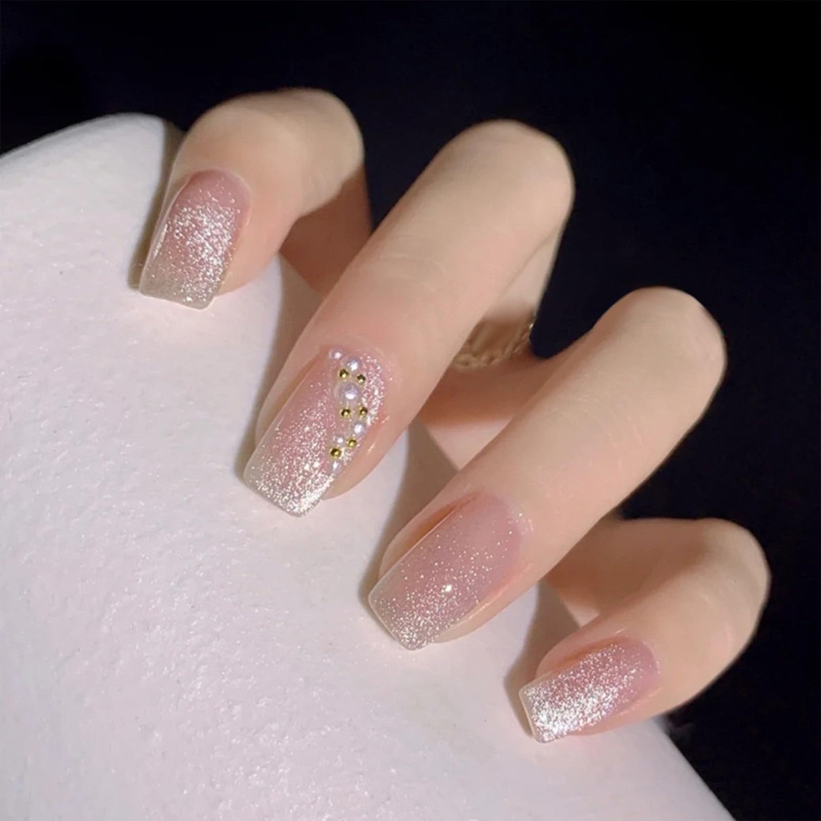 Amazon.com: Short Square Press on Nails Nude Glitter Fake Nails Shiny ...
