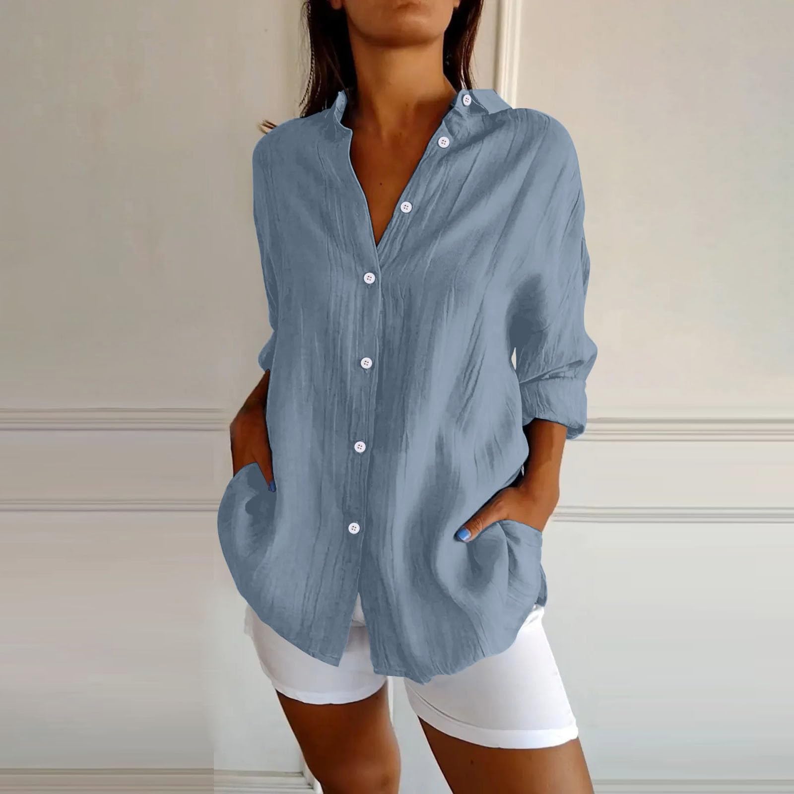 Camisas de lino con botones para mujer, de verano, con solapa, manga larga, cuello holgado, muselina, a la moda, clásicas, ligeras, de algodón, ropa de gasa de gran tamaño