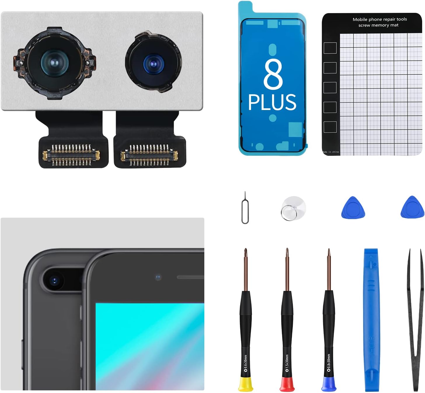 for iPhone 8 Plus Main Rear Back Camera Replacement OEM Part New 12MP HD Video HDR Photo Lens Module 4K Video with Flex Cable Digital Zoom Image Repair Assemble Fix Tools Kit A1864 A1897 A1898