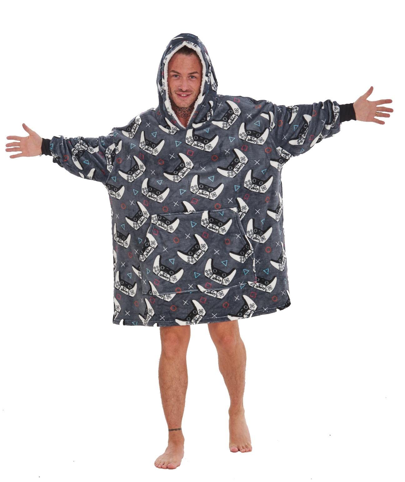 Gamer Men's Gaming Controller Design Fleece Oversized Hoodie - Super Soft Lounger Blanket Hoody - 100% Polyester - Available In Adults And Kids Sizes