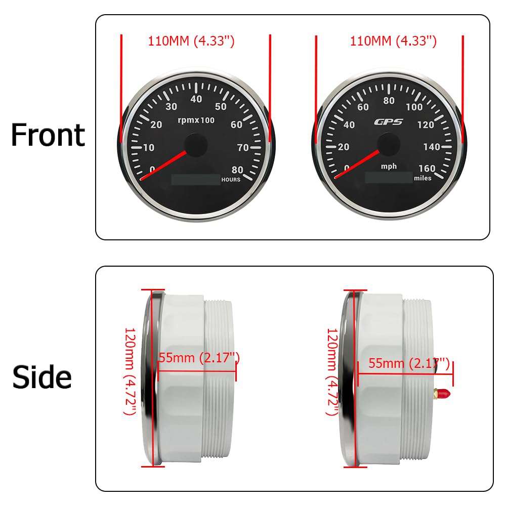 ELING Compte-tours GPS 110 mm 0-160 MPH avec affichage de la vitesse 0-8000 tr/min avec rétroéclairage 7 couleurs 12 V 24 V pour course automobile