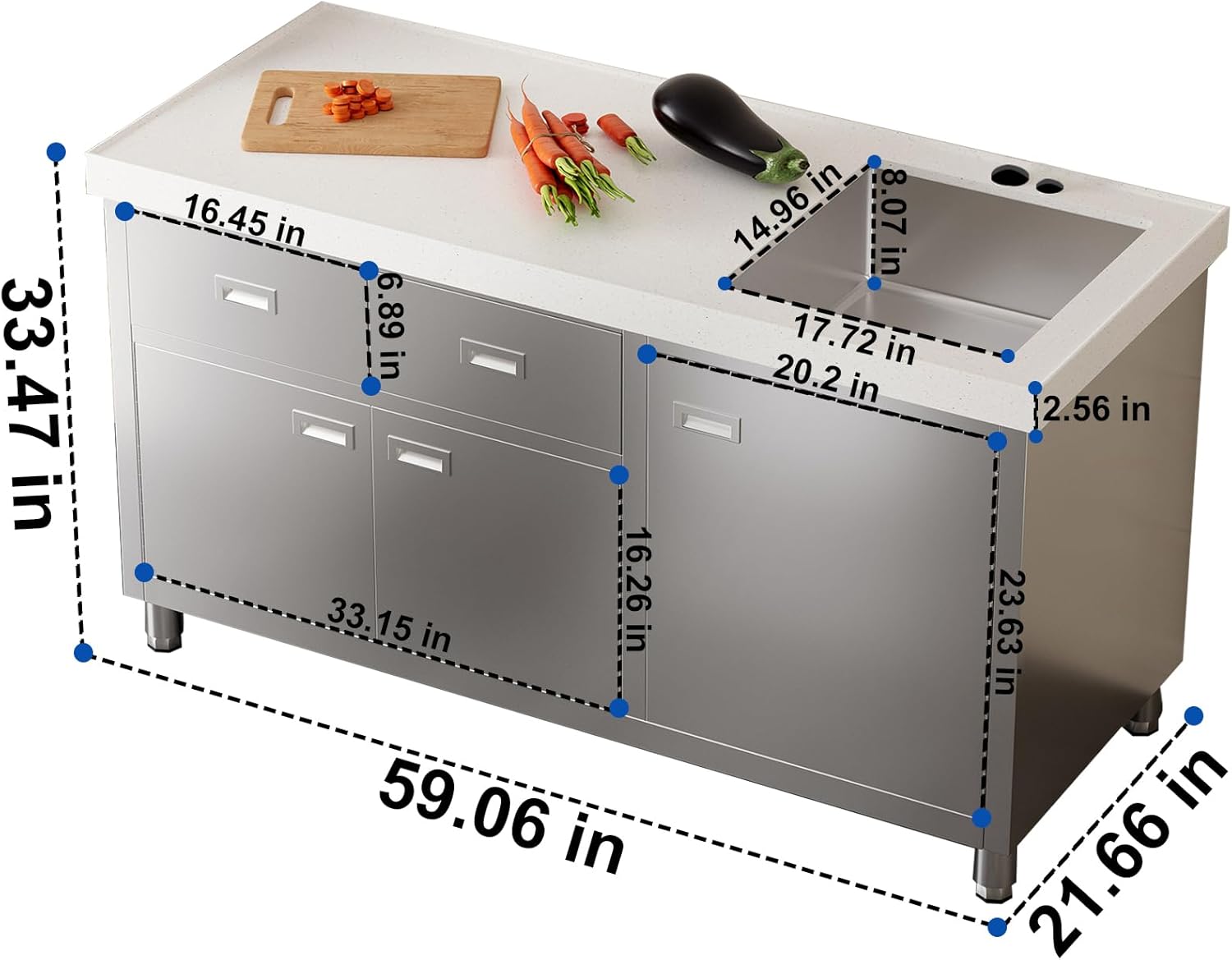 ZZV Freestanding Sink with Marble Worktop and Stainless Steel Cabinet, Fully Assembled Outdoor Laundry Utility Sink Cabinet with 2 Drawers, Heavy Duty Kitchen Sink for Home Restaurant Cafe