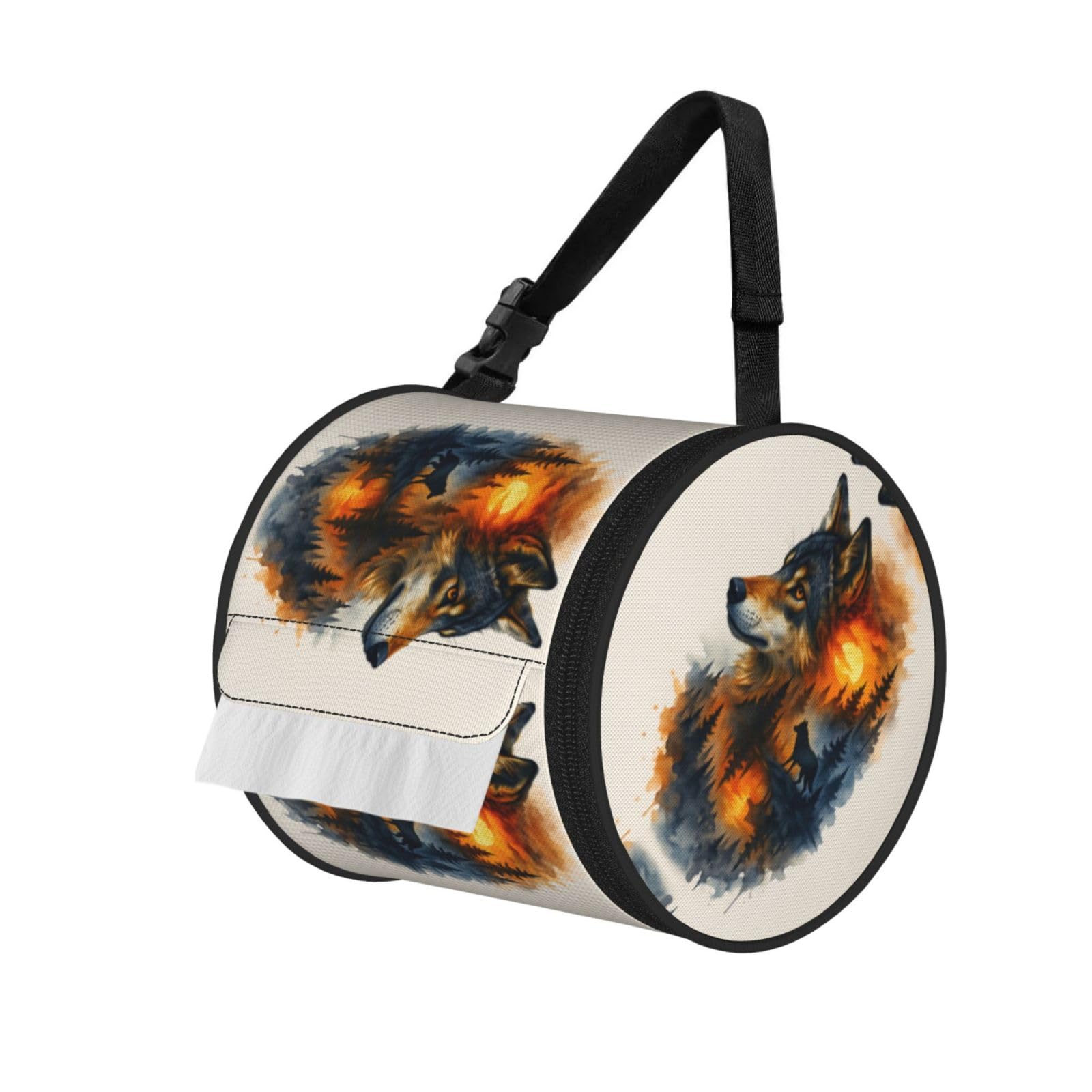 Mysterious Wolf Print Round Tissue Dispenser Bag With Carry Strap, Portable Roll Holder For Car Travel Home