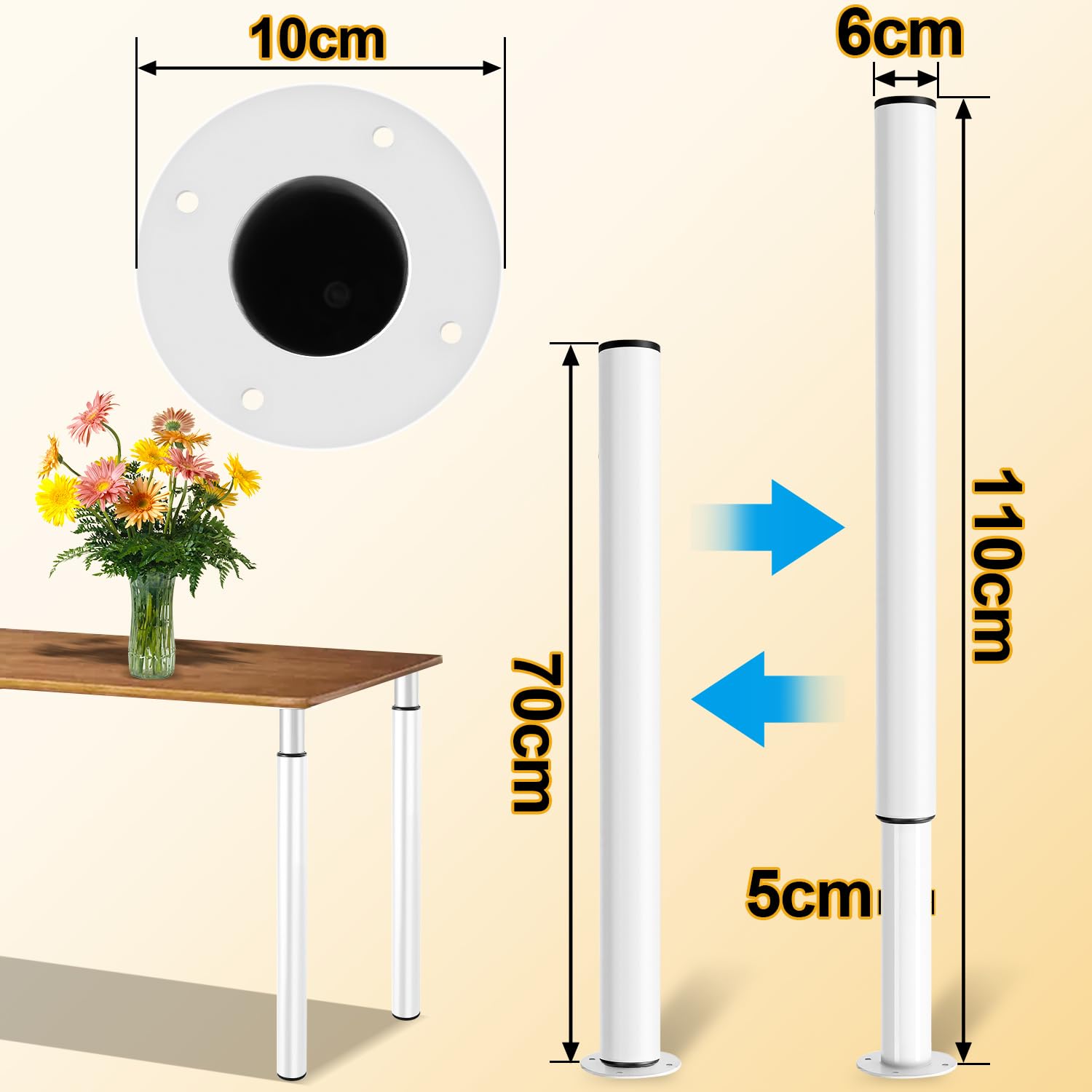 Lot de 4 pieds de table réglables de 70 à 110 cm, en métal, blanc