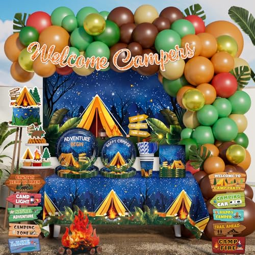258pcs Camping Party Decorations for Welcome to Our Campsite All-in-one Forest Scene Camp Themed Decorations for 25 Guests with Balloon Arch Banner Tableware Tablecloths and Backdrop