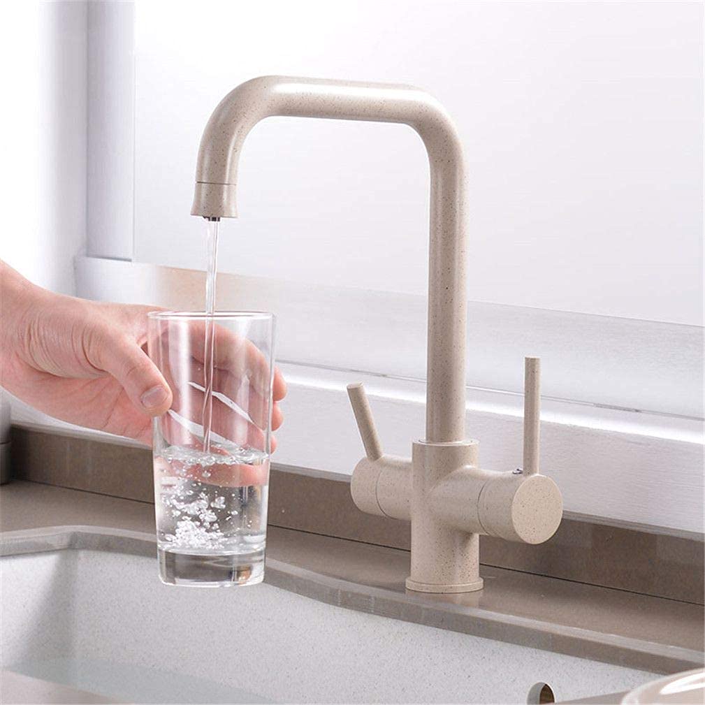 VDOQTLJT Filtered Water Kitchen Faucet Deck Mounted Drinking Sink 360 Rotation Crane Mixer Tap 3 Way Brass Dual Handle with Aerator Torneira Black(Beige)