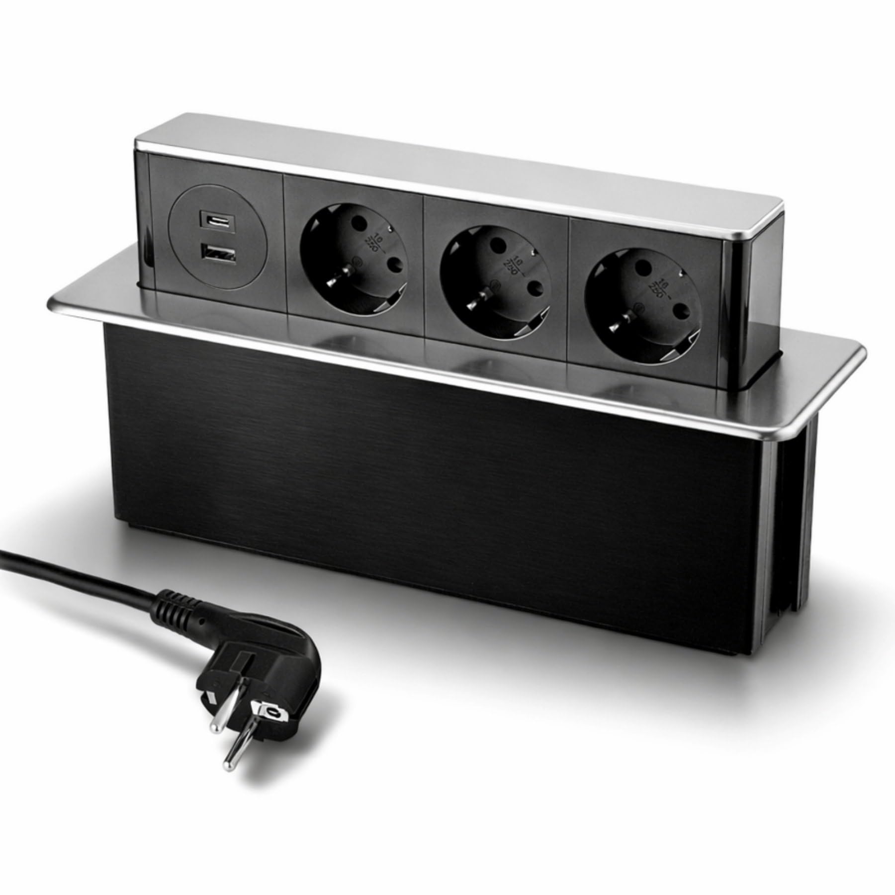Ciabatta elettrica da incasso a 3 scomparti, in alluminio, ingressi USB-A e USB-C, con ammortizzazione
