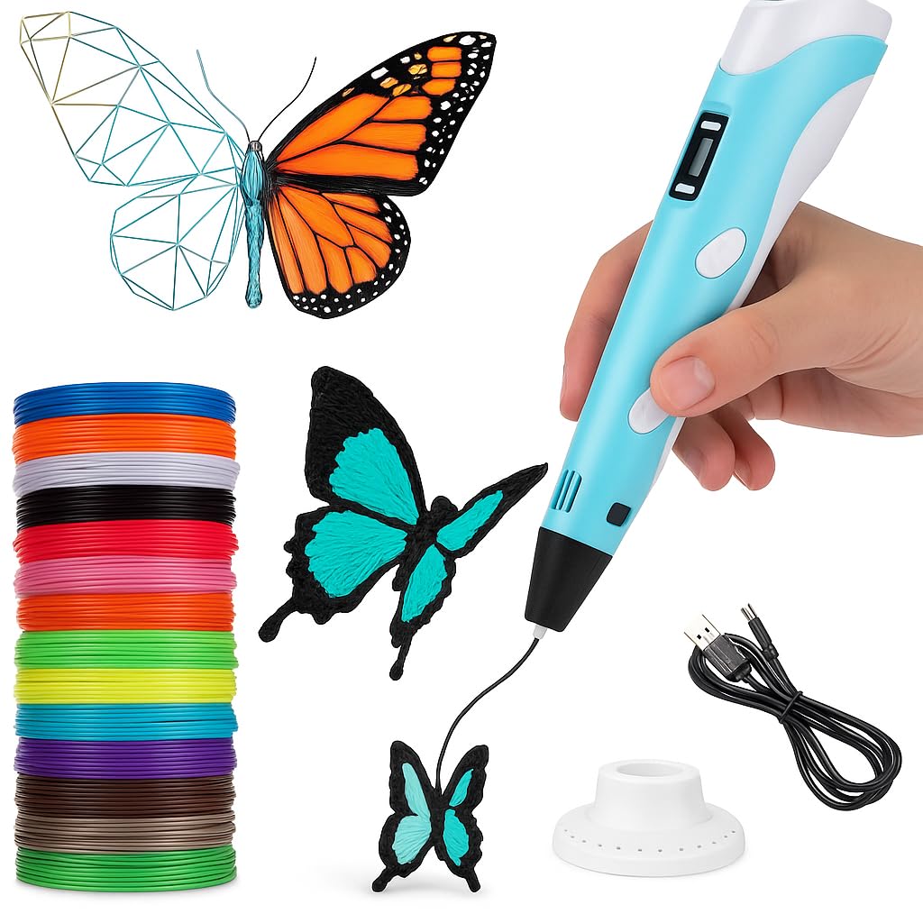 KAVIH Combo Set of 3D Pen, (with Adapter) LCD Display with 10 Pcs 5 Metre +3 Pcs 5 Metre Different Color of Pla Filament Refills (1.75 Mm), Creative Modelling, Arts & Craft Kit - Multicolor, Kids
