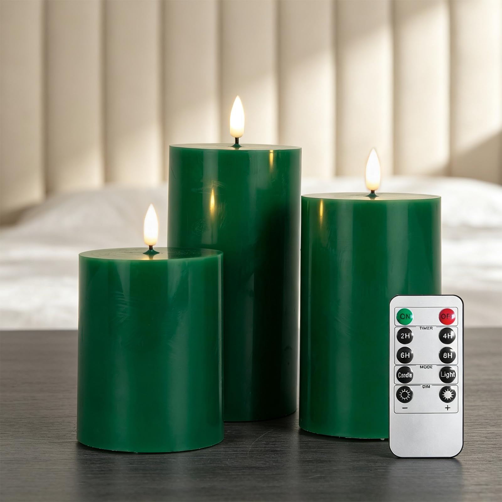 RanBluu 3 Pack LED Candles with Remote Control & 24 Hour Timer, Flameless Real Wax Pillars, Flickering Candles for Birthday/Party/Wedding, Green